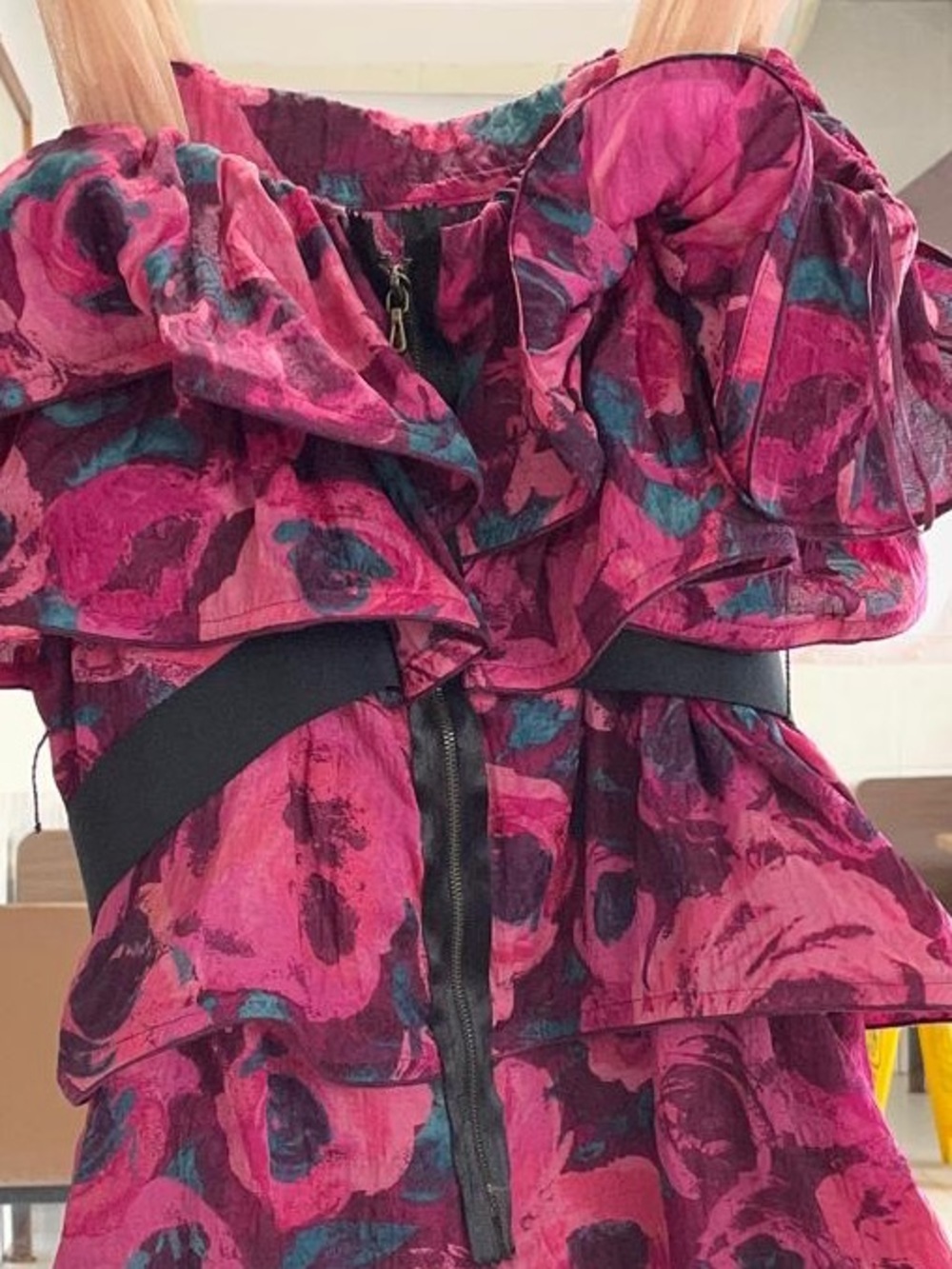 H&M by Lanvin Floral Strapless Ruffled Dress in Magenta and Teal - Picture 2 of 6